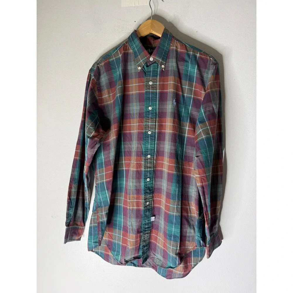 Polo Ralph Lauren Mens Plaid Button Down Shirt 16.5 Burgundy Green Cotton Pony